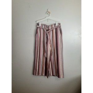 A.n.a. Wide Leg Pants M Paperbag Waist Linen Blend Pink Stripe Pockets Boho